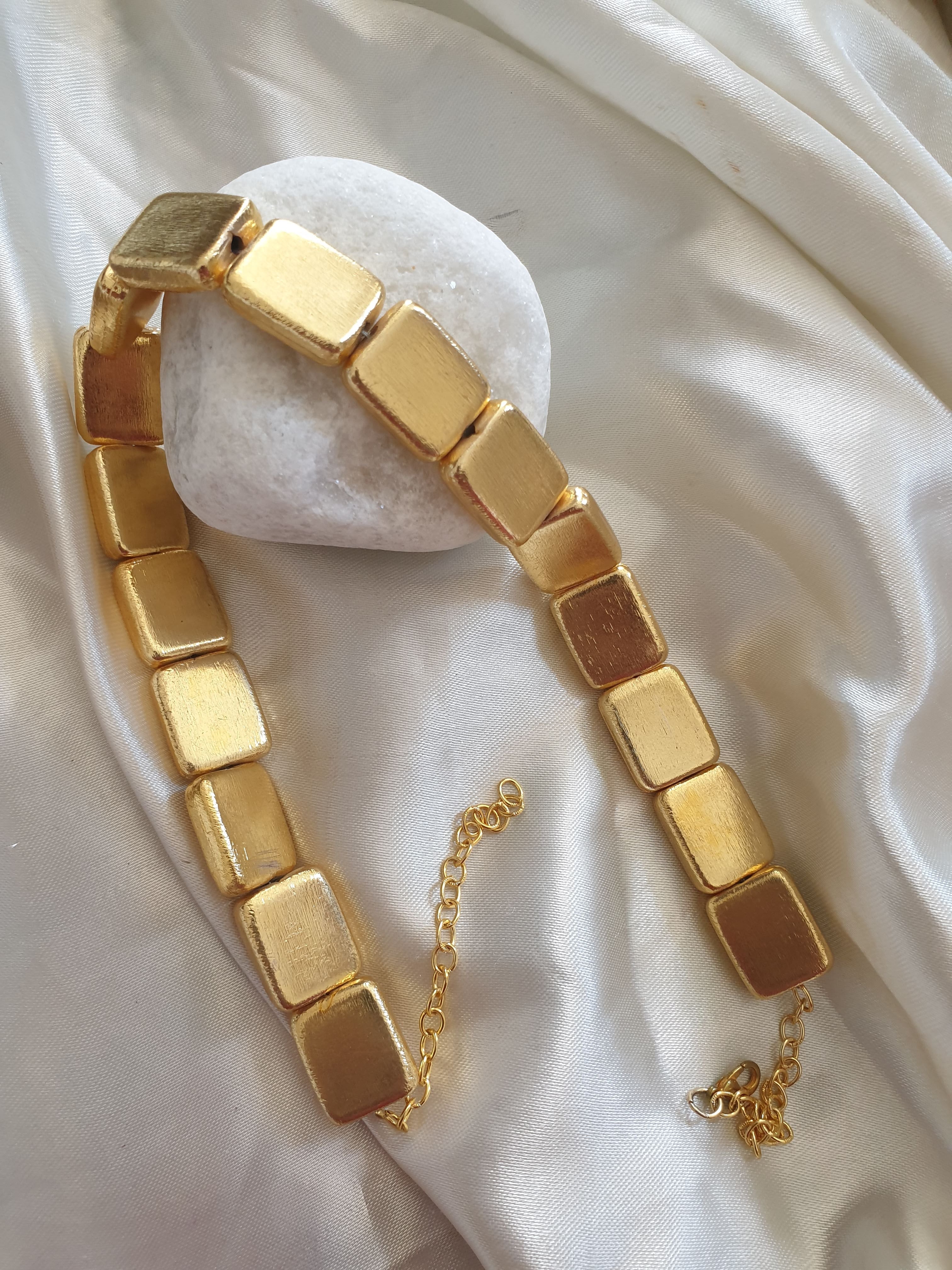 old Brass Square Link Necklace – Chunky Gold-Tone Statement Jewellery for Women
