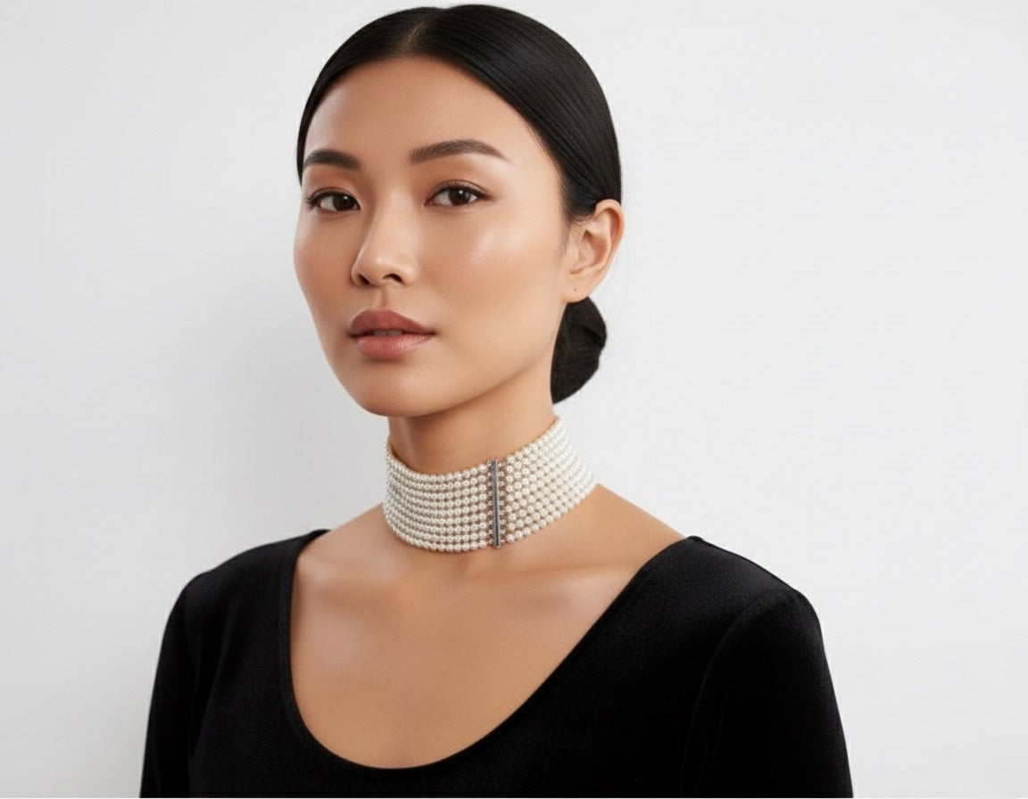 “Regal Pearl Brass Choker – Statement Vintage Elegance”