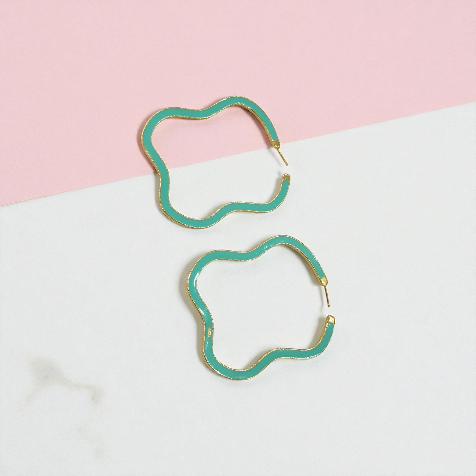 Aqua Wave Brass Hoops – Playful Wavy Enamel Earrings
