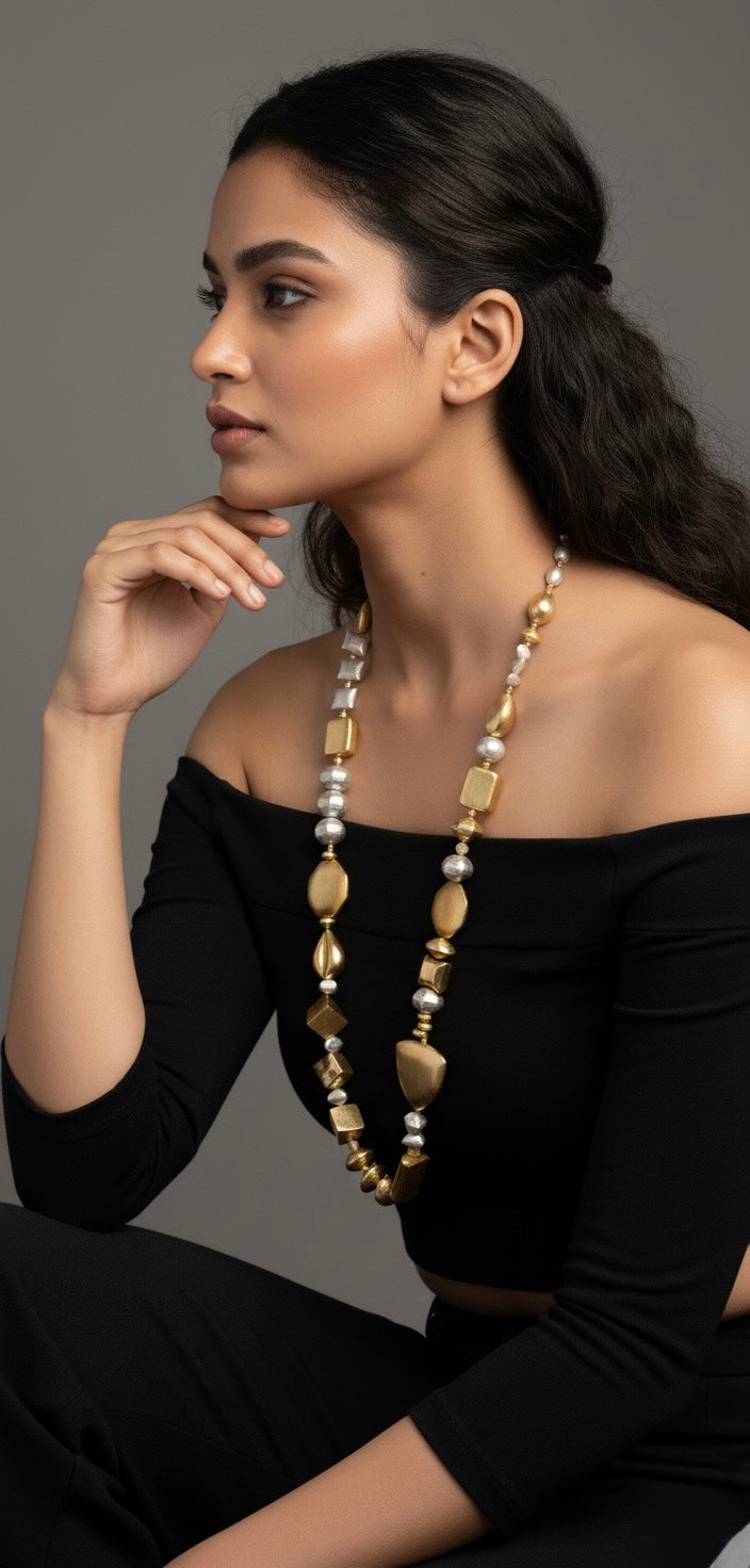 ✨ Geometric Charm Long Brass Necklace – Statement Beaded Jewelry in Gold & Silver