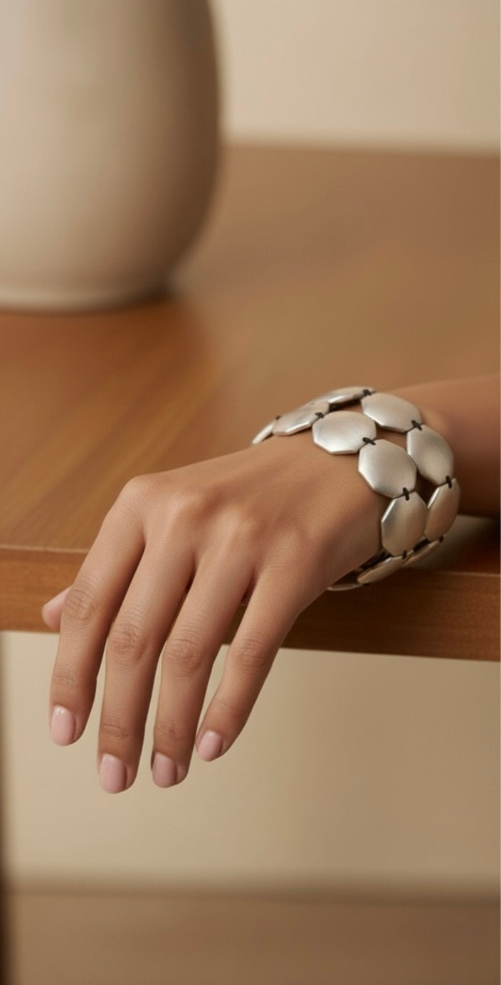 Silver-Tone Brass Geometric Bracelet – Modern Designer Statement Jewellery for Women Stack of 2