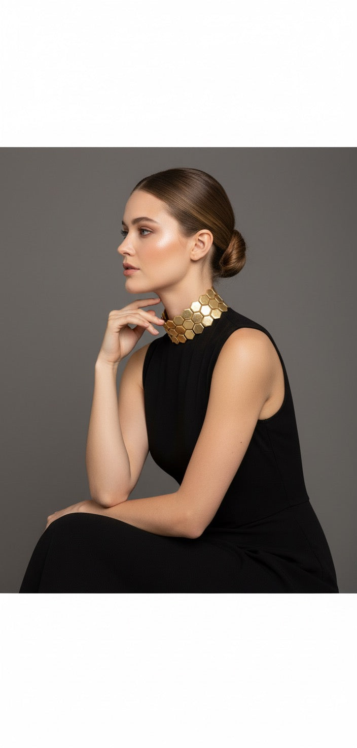 ✨ Honeycomb Elegance Brass Choker – Bold Geometric Statement Necklace