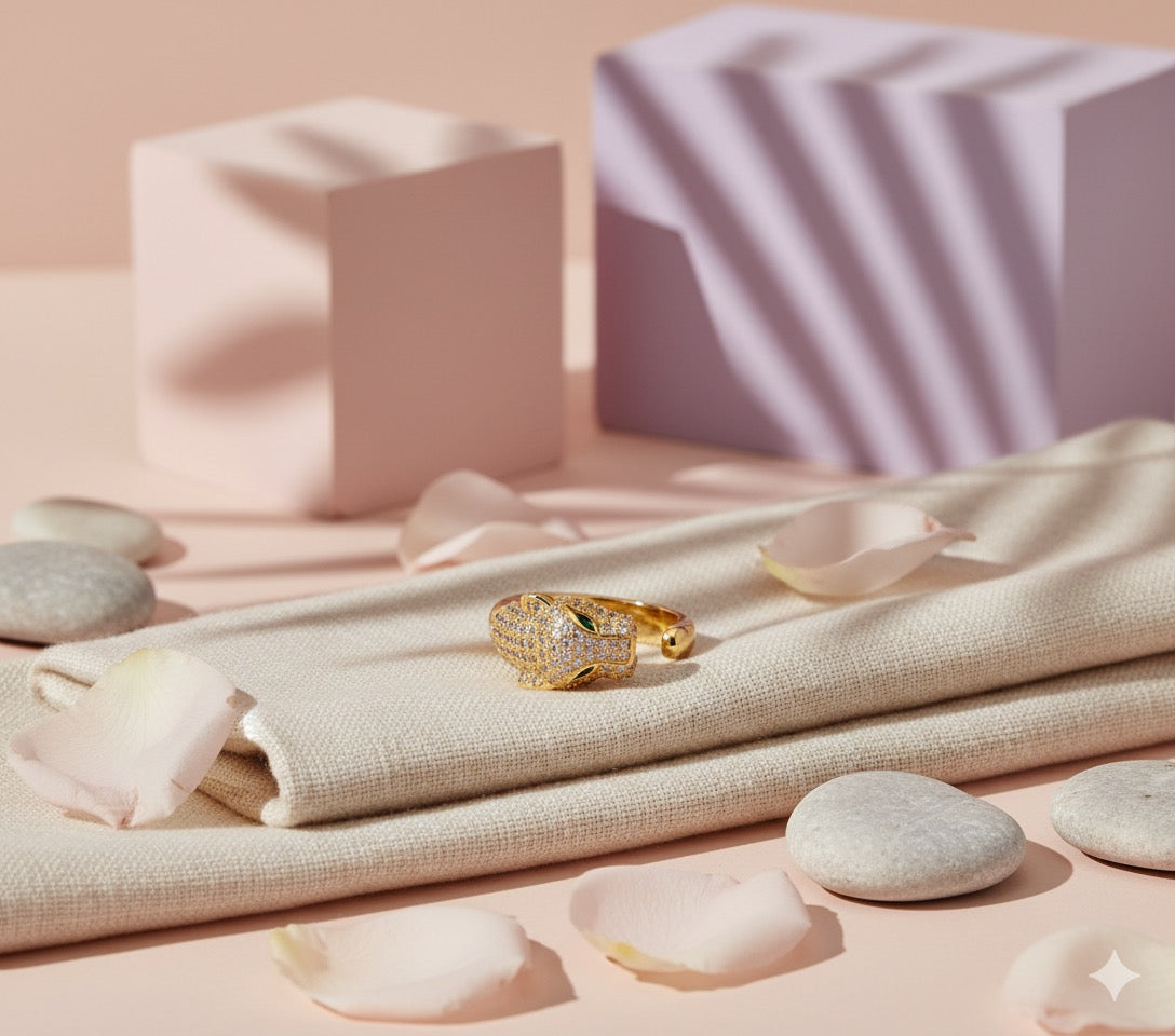 Golden Panther Head Brass Ring – Fierce Crystal Statement