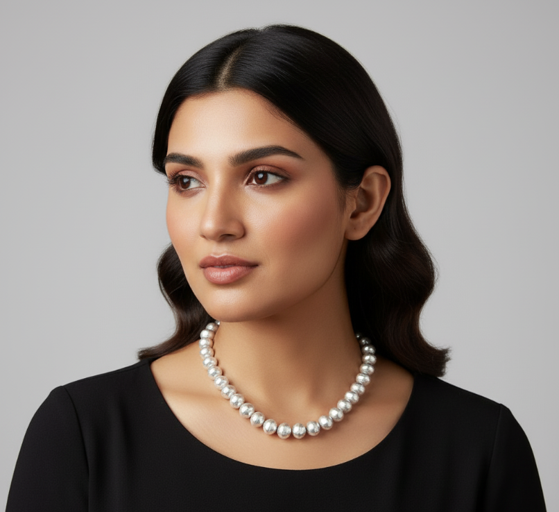 Elegant Brass Beaded Necklace – Classic White Beaded Jewellery for Women