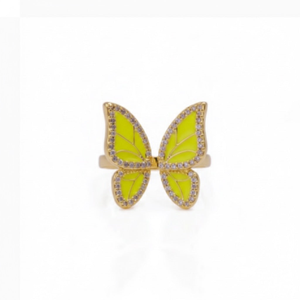Neon Butterfly Brass Ring – Crystal Wing Statement Jewelry