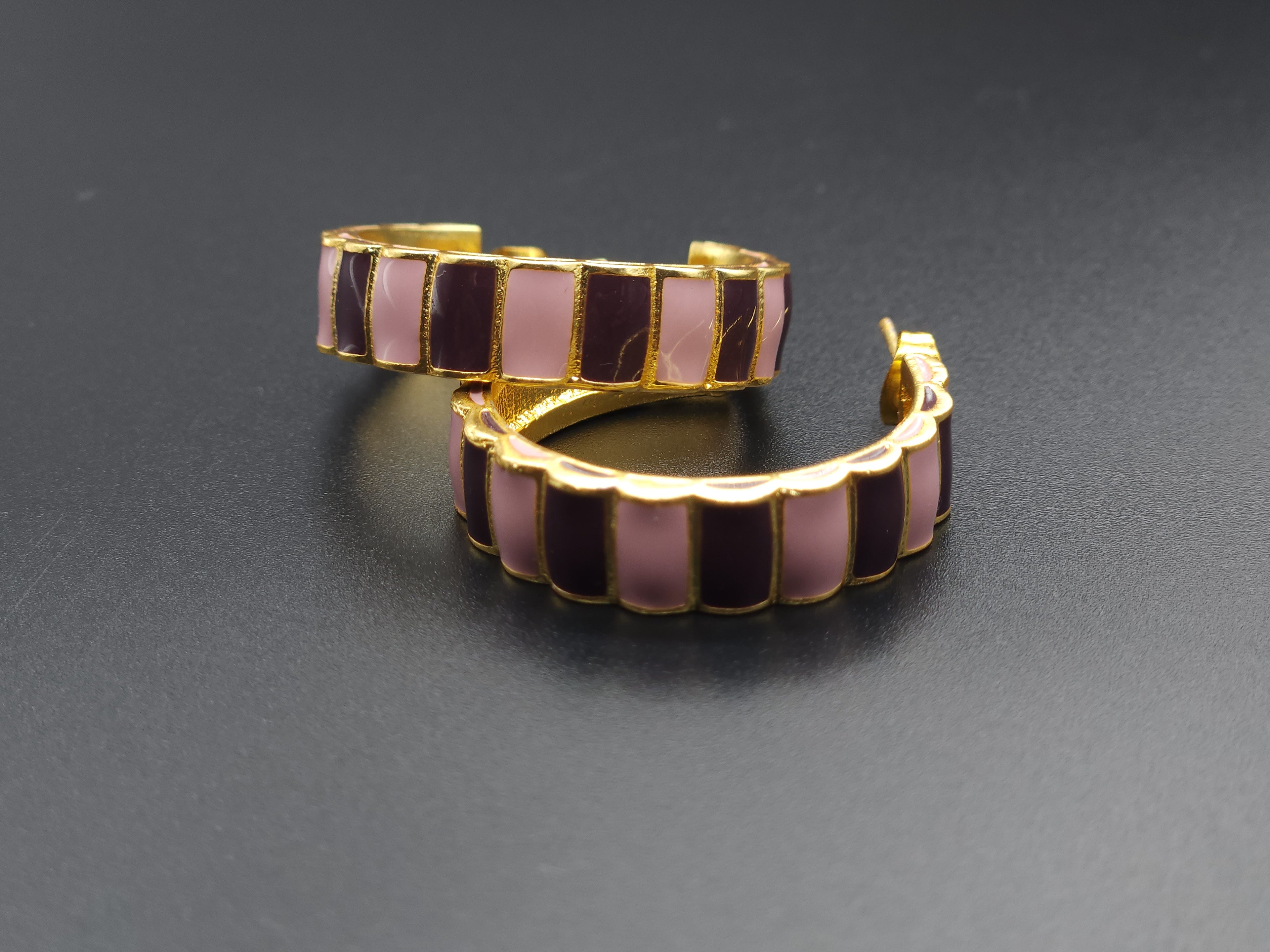 Blush & Plum Enamel Brass Hoops – Handcrafted Dual Tone Gold Earrings