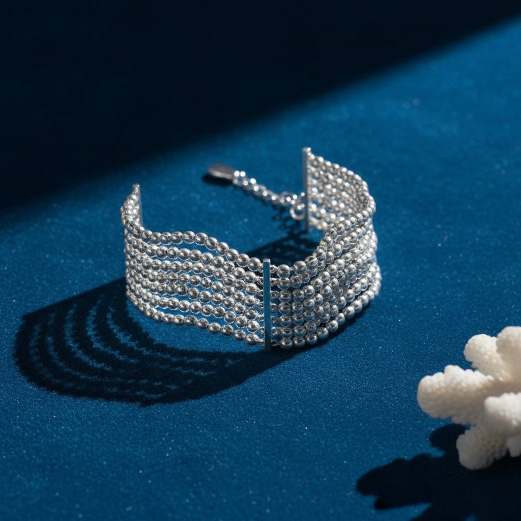 Silver Cascade Pearl Multi-Strand Brass Bracelet – Luxe Boho Statement