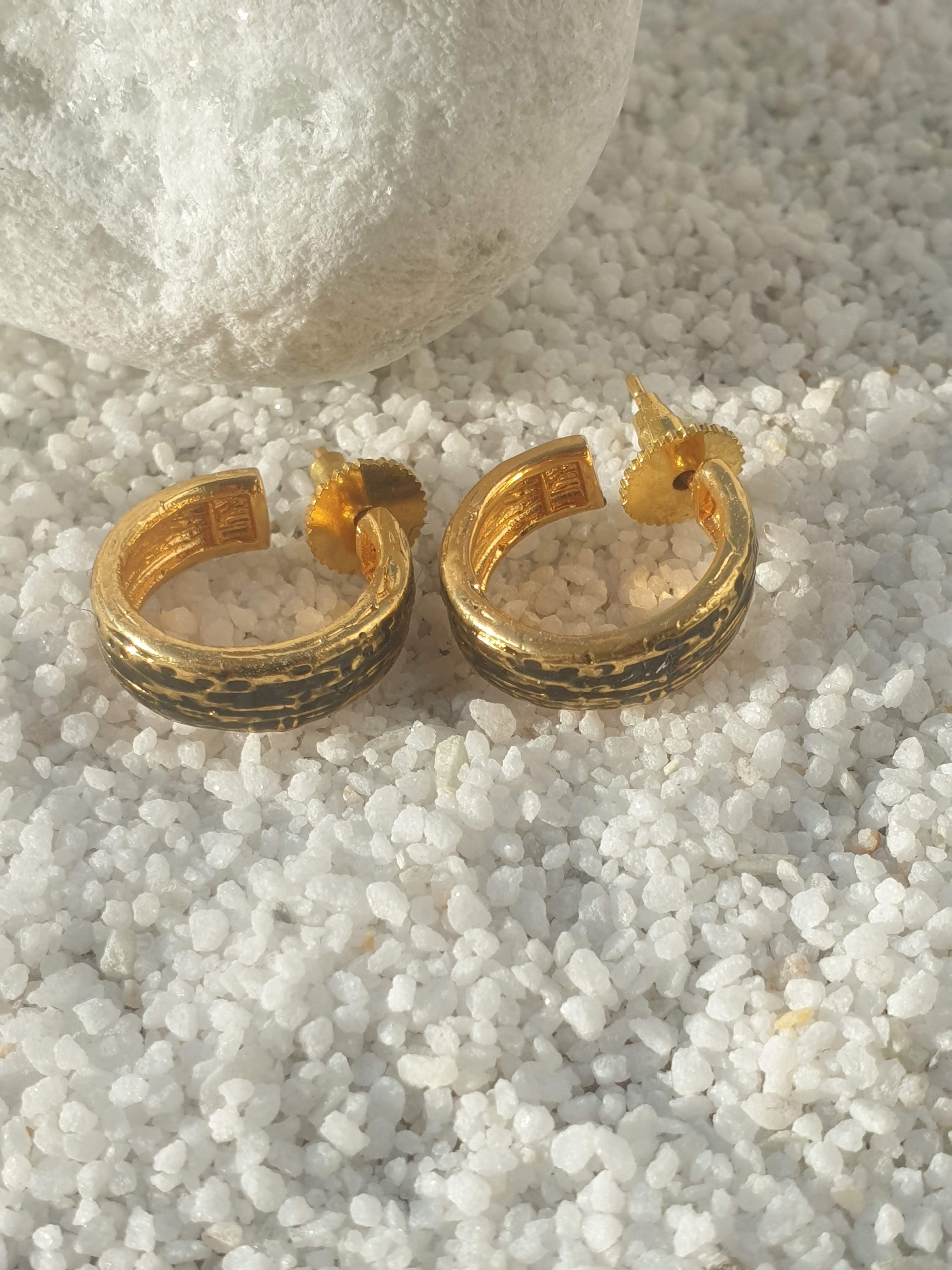 Antique Brass Textured Hoop Earrings – Rustic Gold-Tone Half Hoops for Women