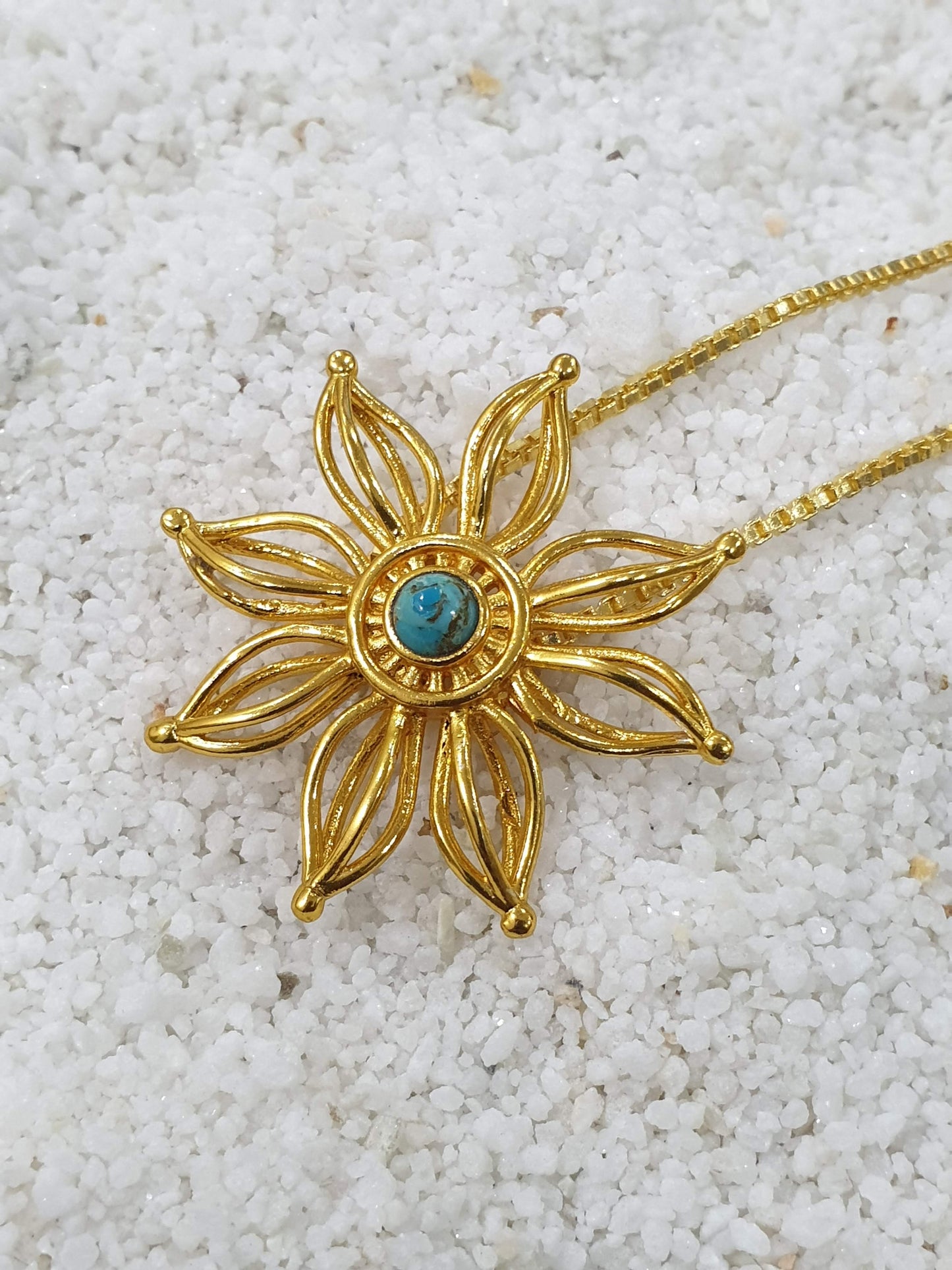 Brass Sunflower Pendant with Turquoise Stone – Handmade Boho Chic Jewellery for Women