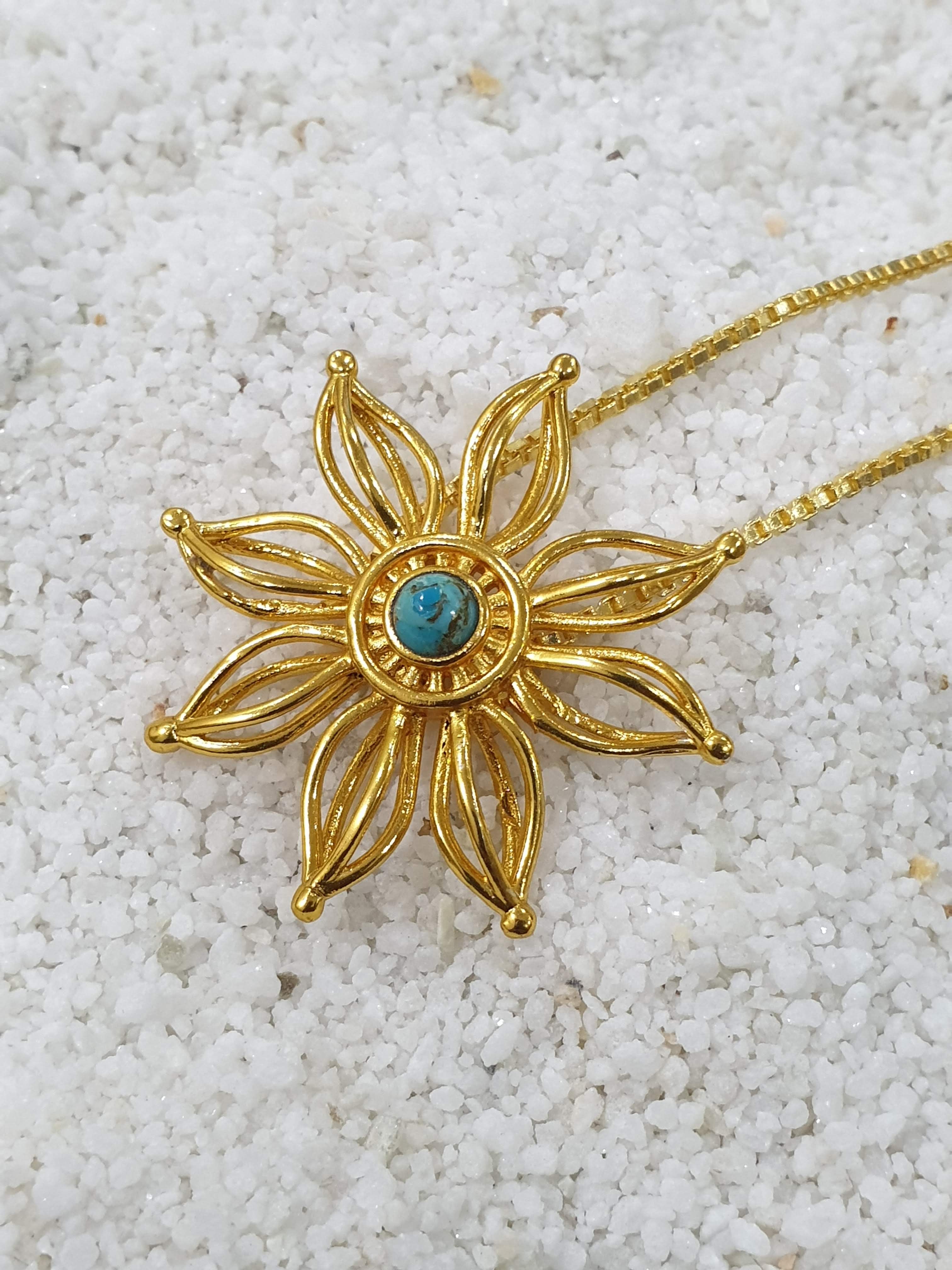 Brass Sunflower Pendant with Turquoise Stone – Handmade Boho Chic Jewellery for Women