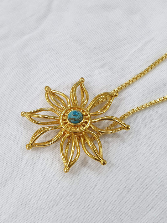 Brass Sunflower Pendant with Turquoise Stone – Handmade Boho Chic Jewellery for Women