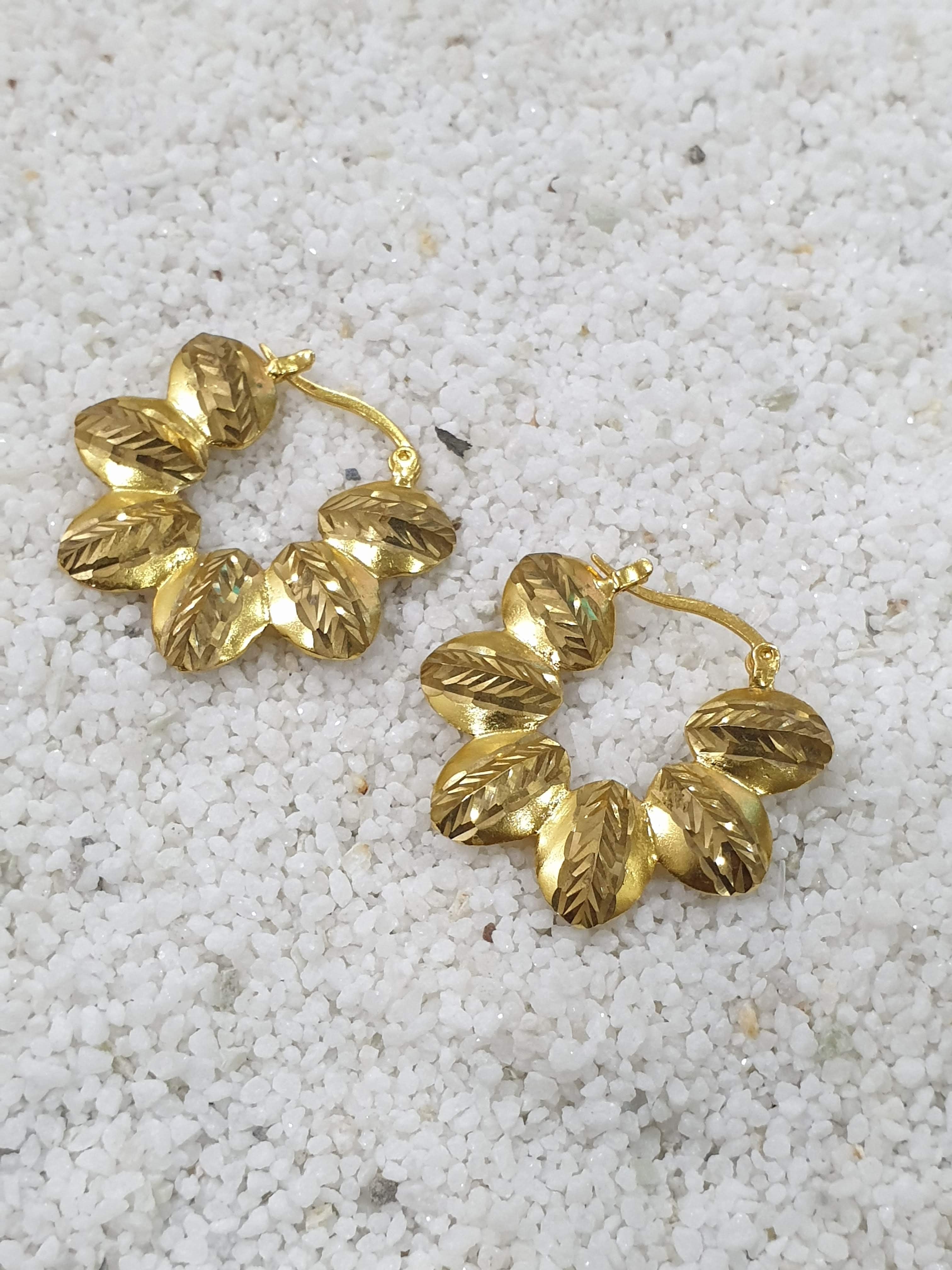 Brass Leaf Hoop Earrings – Handmade Gold-Tone Nature Inspired Statement Jewellery for Women