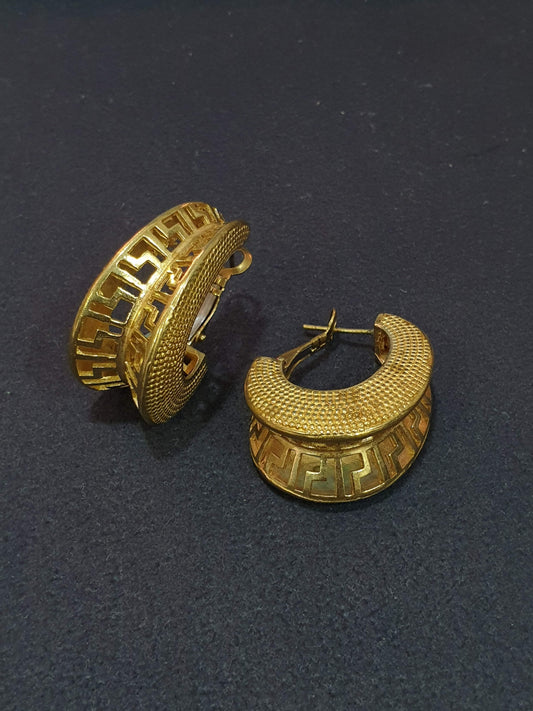 Brass Textured Hoop Earrings – Greek Pattern Gold-Tone Vintage Statement Jewellery for Women