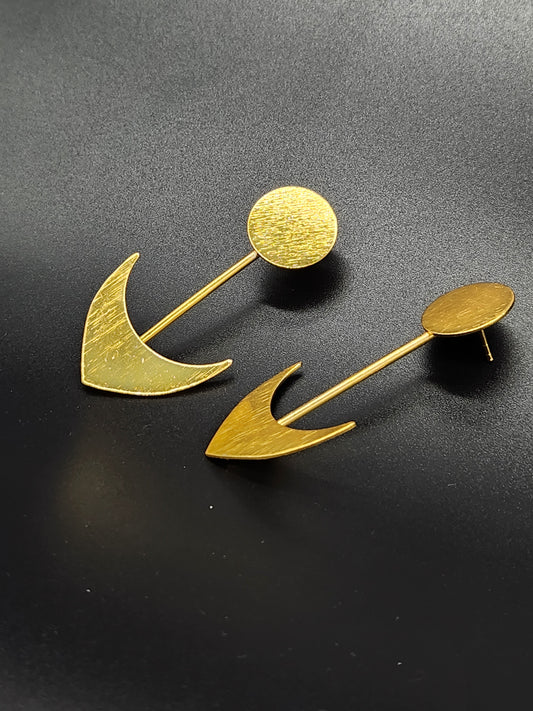 Brass Geometric Drop Earrings – Modern Gold-Tone Circle & Arrow Statement Jewellery for Women