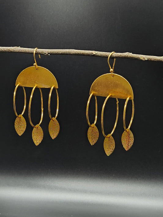 Boho Brass Half-Moon Earrings – Gold-Tone Hoop & Leaf Dangle Statement Jewellery for Women