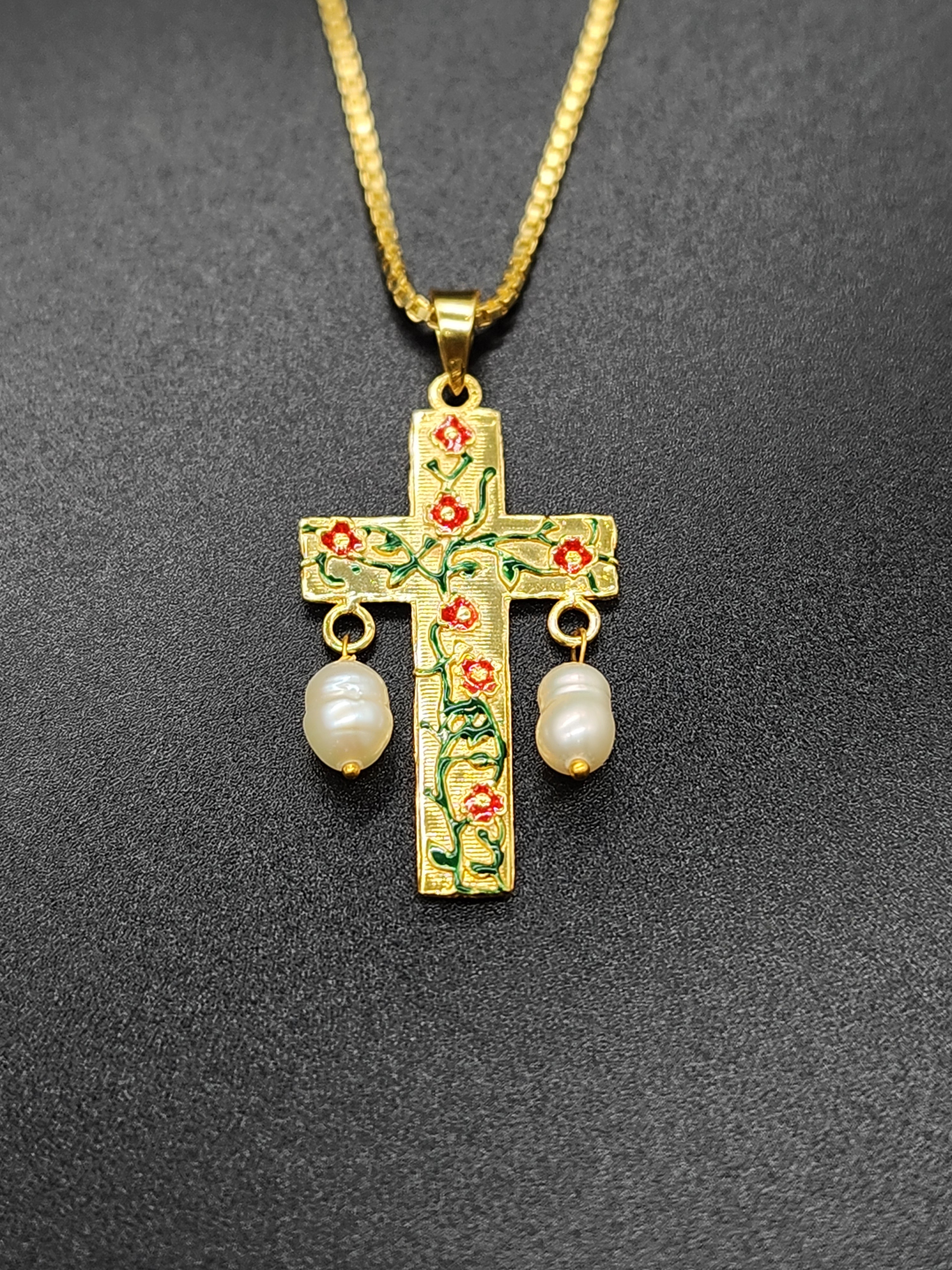 Brass Cross Pendant with Floral Enamel & Pearl Drops – Handmade Gold-Tone Religious Jewellery