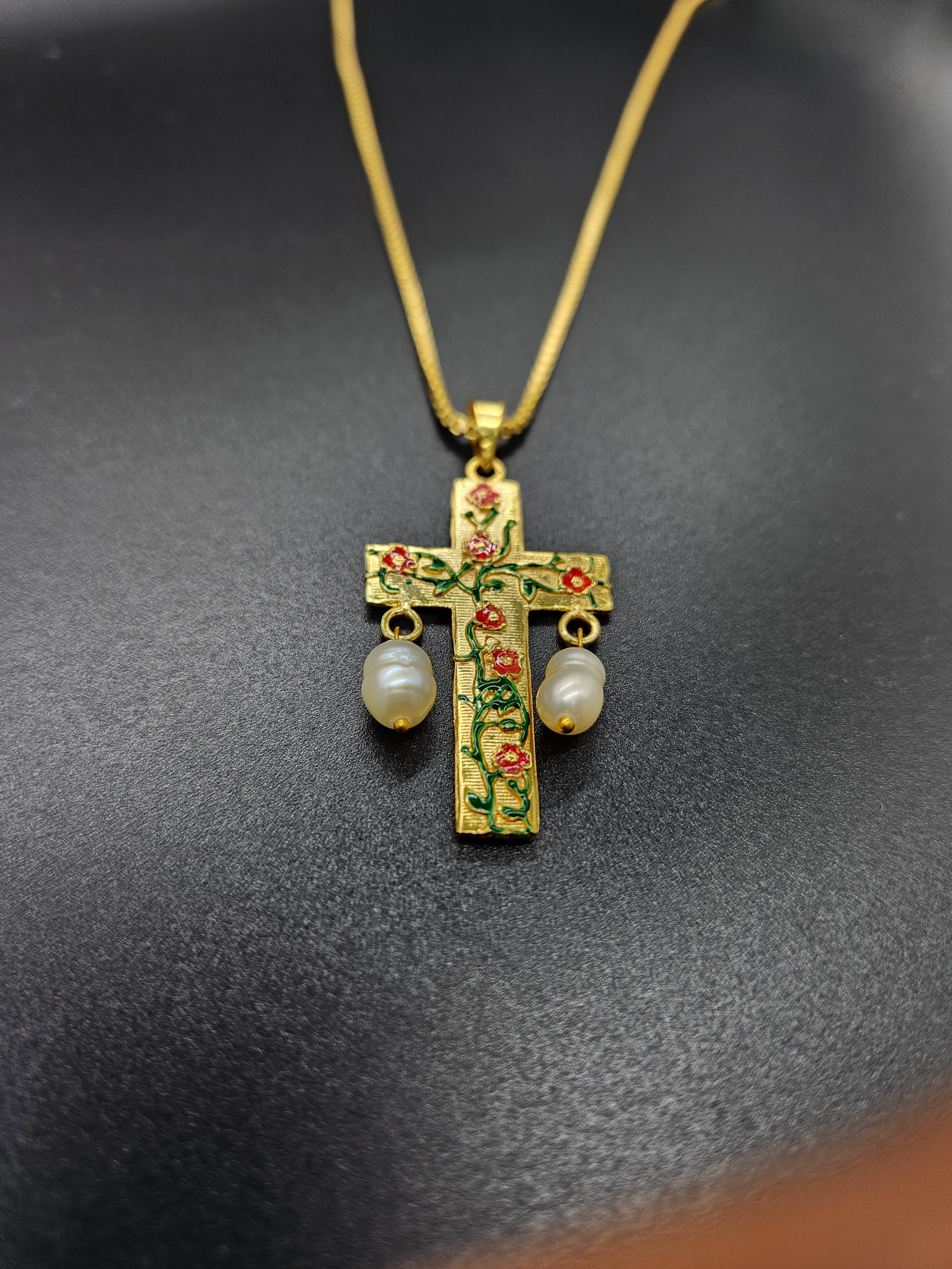 Brass Cross Pendant with Floral Enamel & Pearl Drops – Handmade Gold-Tone Religious Jewellery