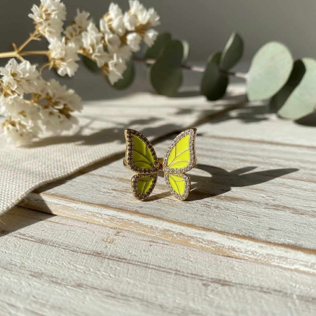 Neon Butterfly Brass Ring – Crystal Wing Statement Jewelry