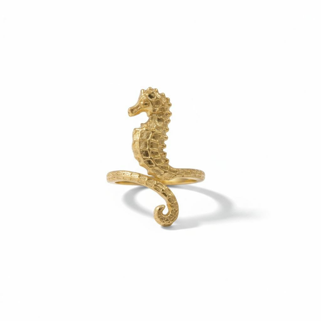 Golden Seahorse Brass Adjustable Ring – Ocean Charm Statement