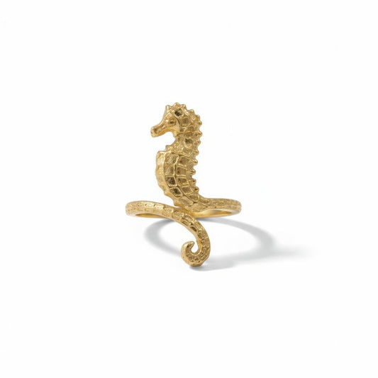 Golden Seahorse Brass Adjustable Ring – Ocean Charm Statement