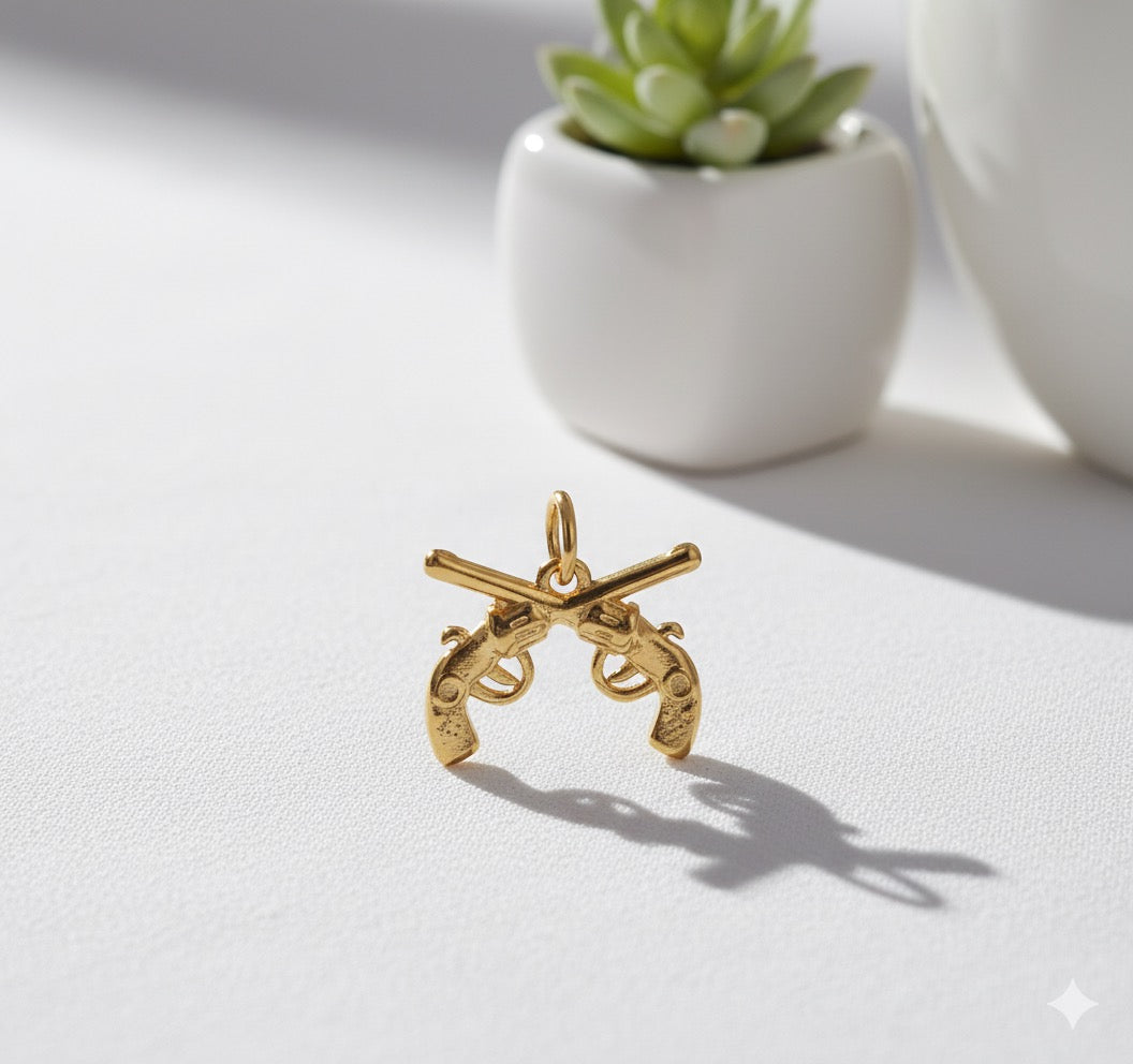 Golden Crossed Pistols Brass Pendant – Bold Symbol of Strength, Power & Rebellion 🔥✨