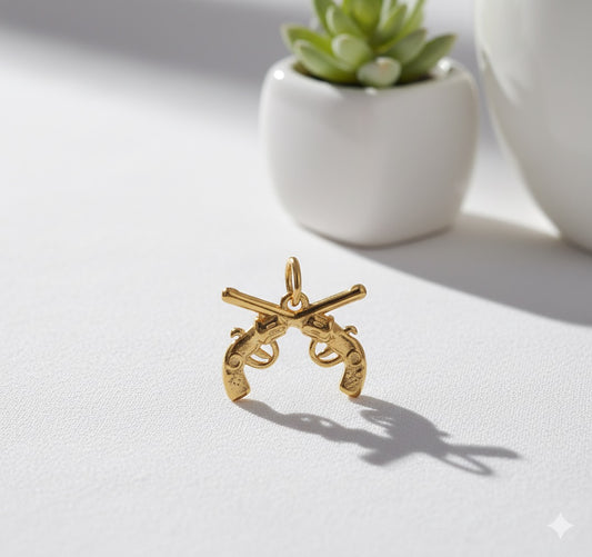Golden Crossed Pistols Brass Pendant – Bold Symbol of Strength, Power & Rebellion 🔥✨