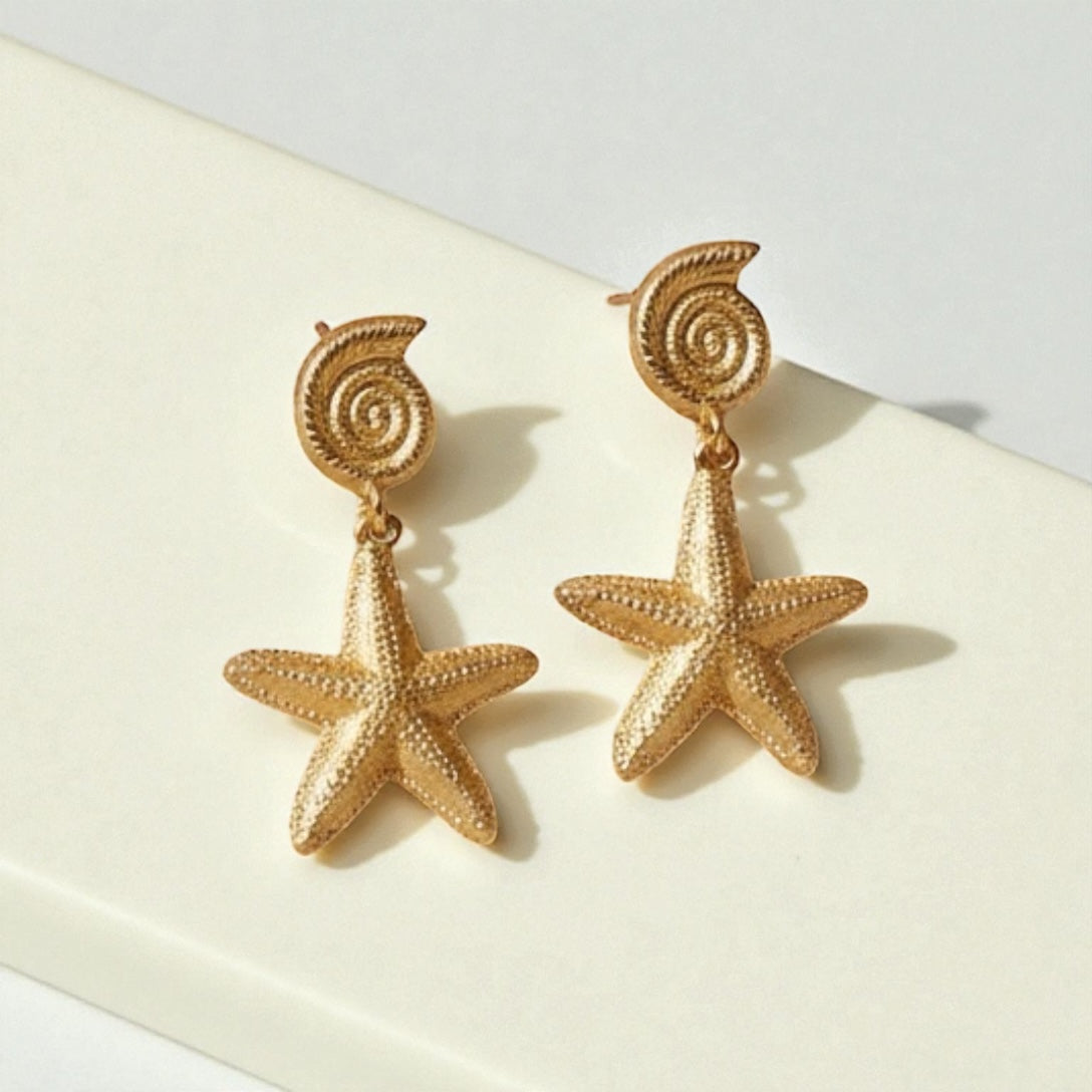 Golden Starfish Seashell Brass Earrings – Coastal Charm Statement Dangles