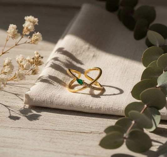 Emerald Teardrop Infinity Brass Ring – Crystal Luxe Open Band