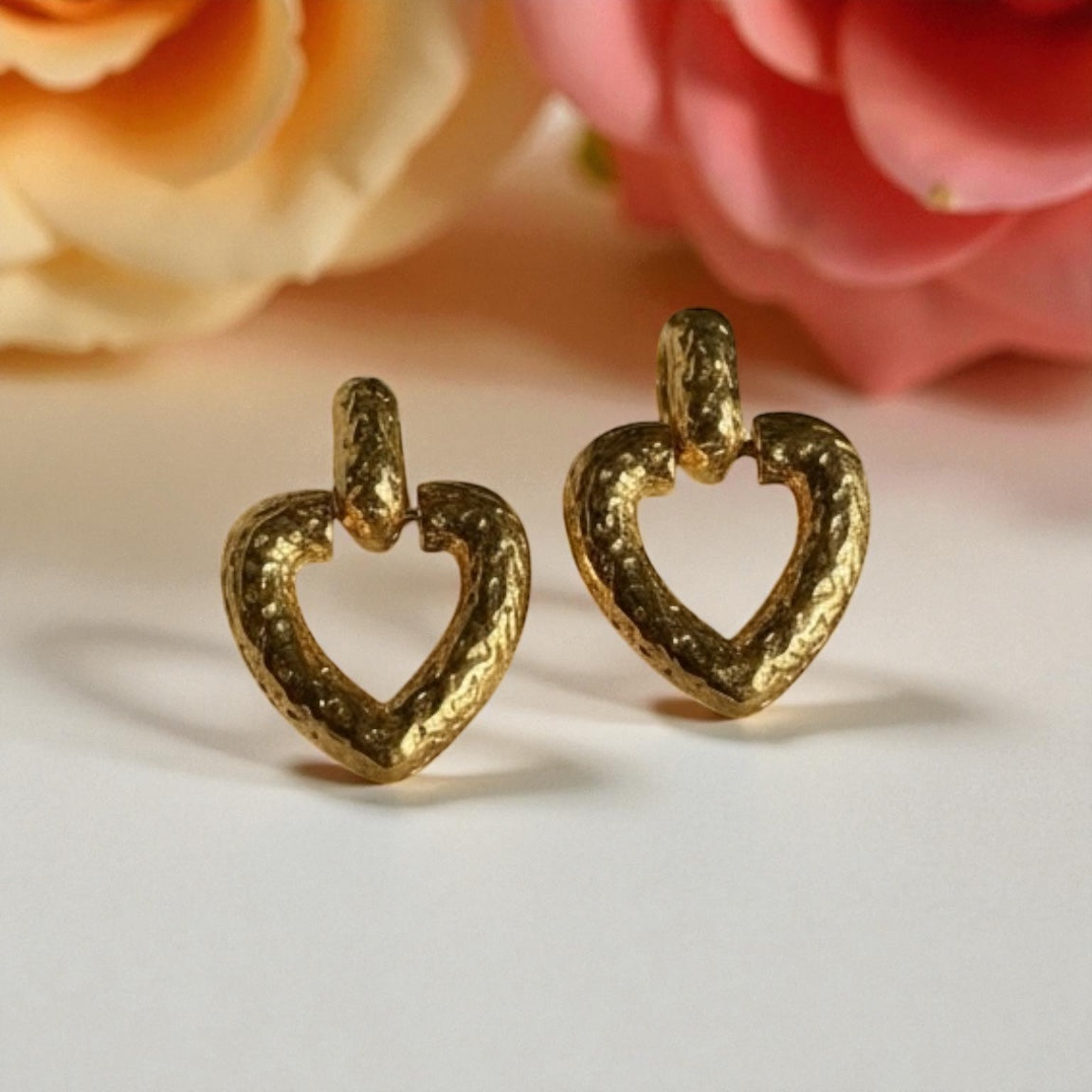 Vintage Golden Heart Brass Earrings – Rustic Love Statement Drops