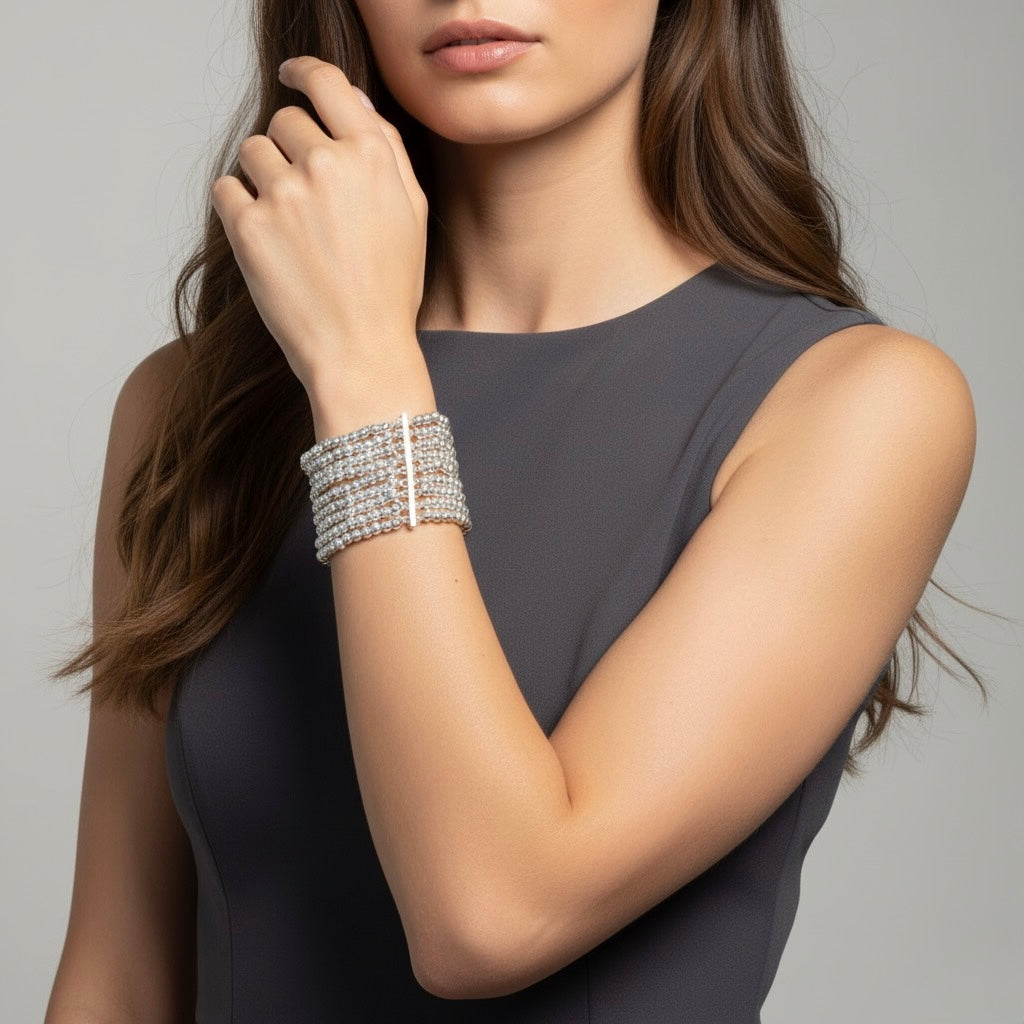 Silver Cascade Pearl Multi-Strand Brass Bracelet – Luxe Boho Statement