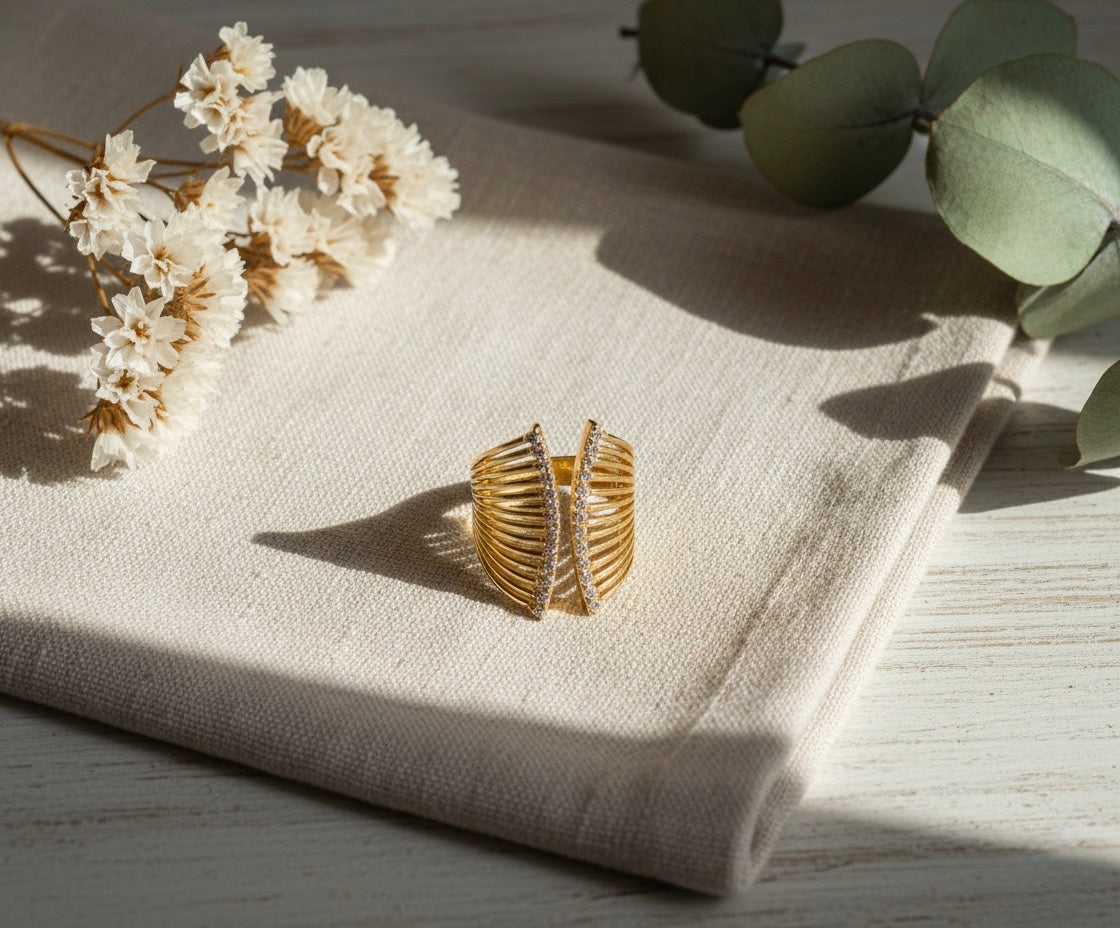 Golden Wing Brass Ring – Crystal Feather Open Band