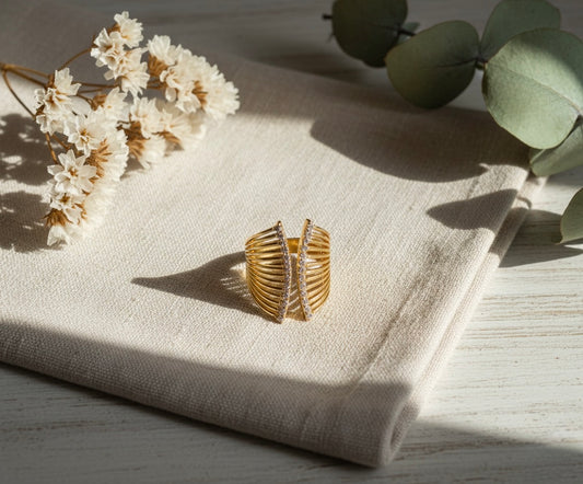 Golden Wing Brass Ring – Crystal Feather Open Band