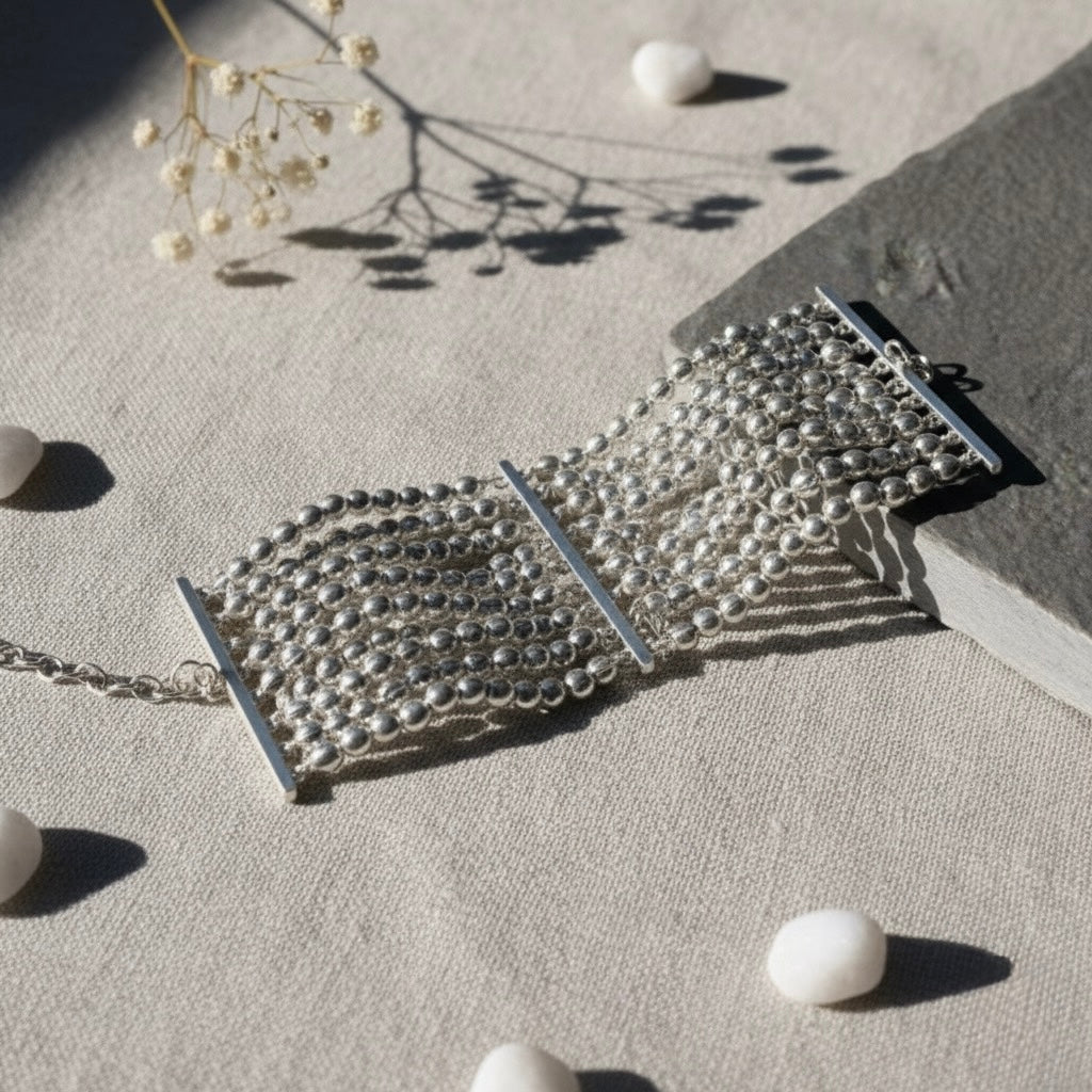 Silver Cascade Pearl Multi-Strand Brass Bracelet – Luxe Boho Statement