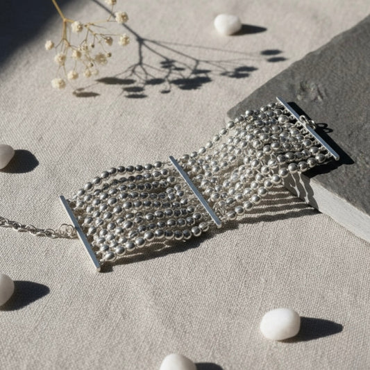Silver Cascade Pearl Multi-Strand Brass Bracelet – Luxe Boho Statement