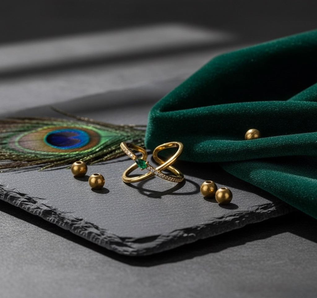 Emerald Teardrop Infinity Brass Ring – Crystal Luxe Open Band