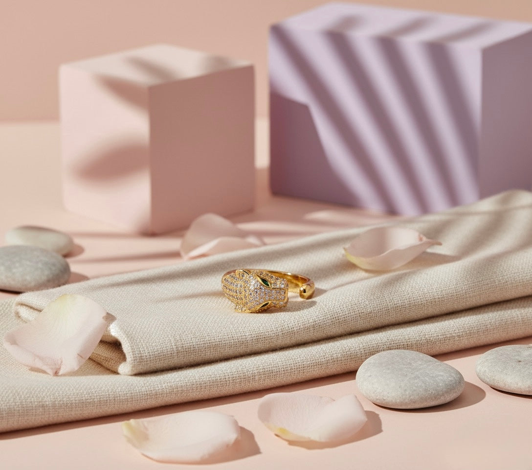 Golden Panther Brass Ring – Emerald Eye Crystal Statement