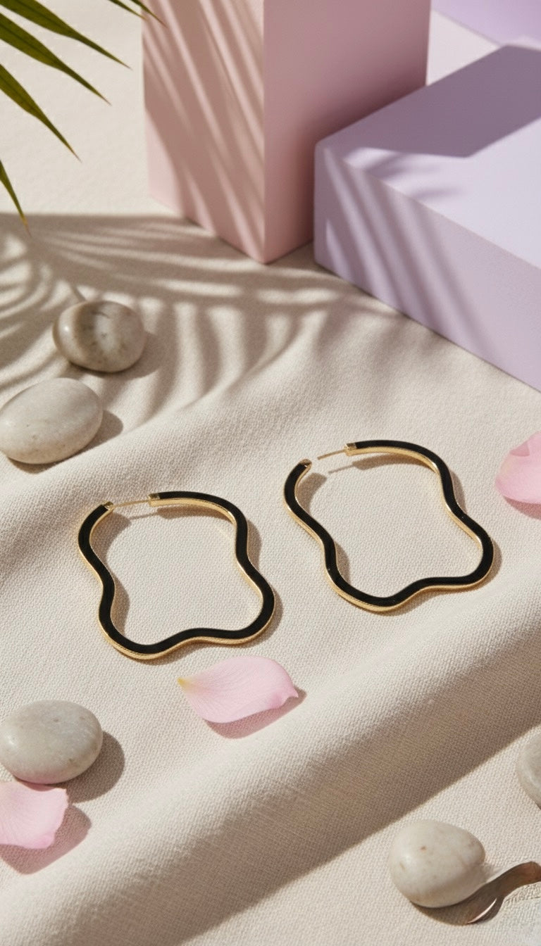 Midnight Wave Brass Hoops – Handcrafted Black & Gold Statement Earrings