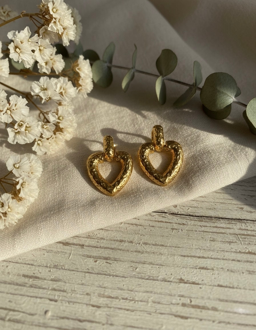 Vintage Golden Heart Brass Earrings – Rustic Love Statement Drops