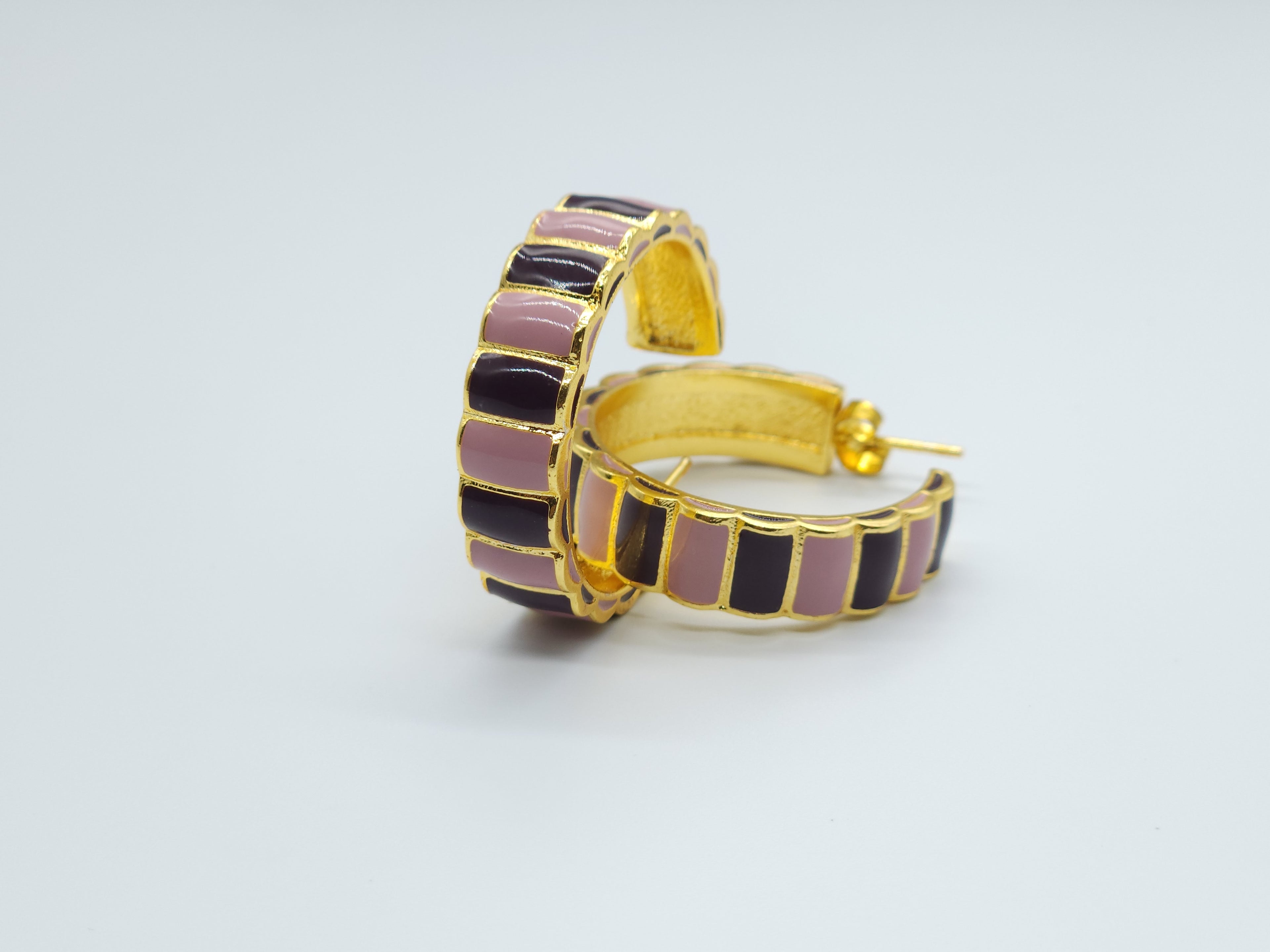 Blush & Plum Enamel Brass Hoops – Handcrafted Dual Tone Gold Earrings