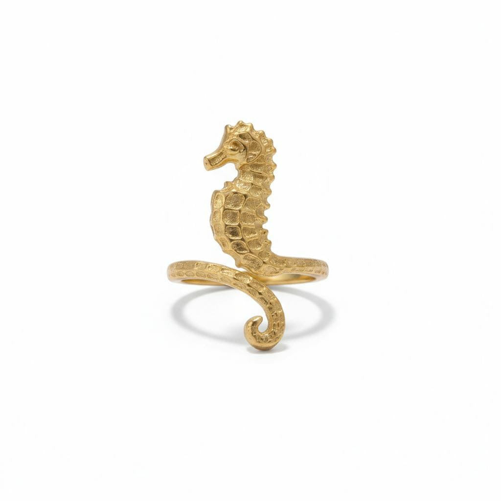 Golden Seahorse Brass Adjustable Ring – Ocean Charm Statement
