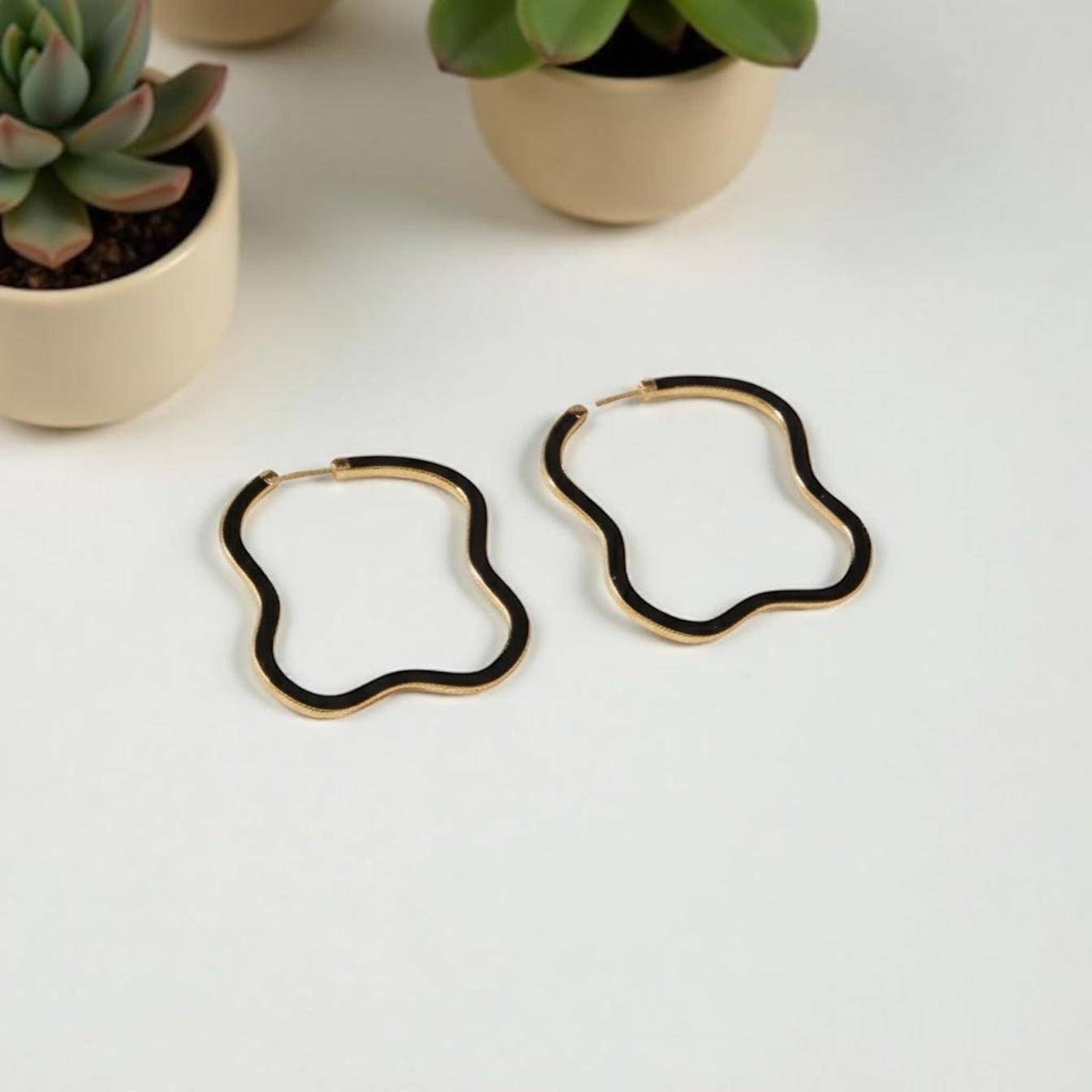 Midnight Wave Brass Hoops – Handcrafted Black & Gold Statement Earrings