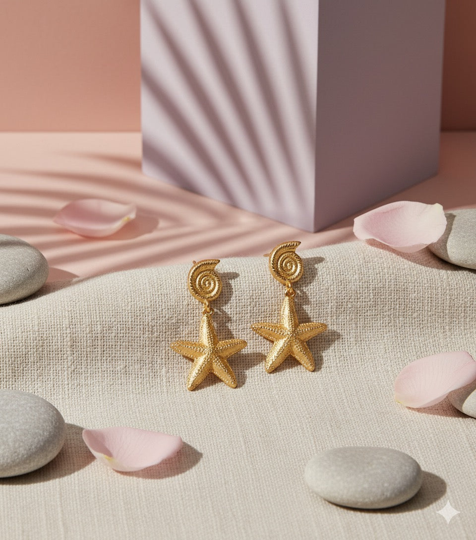 Golden Starfish Seashell Brass Earrings – Coastal Charm Statement Dangles