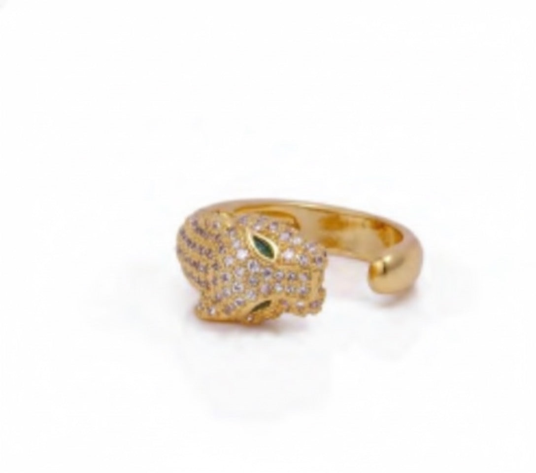 Golden Panther Brass Ring – Emerald Eye Crystal Statement