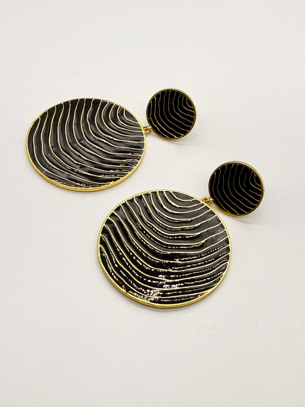Midnight Wave Brass Earrings – Black Enamel Statement Discs