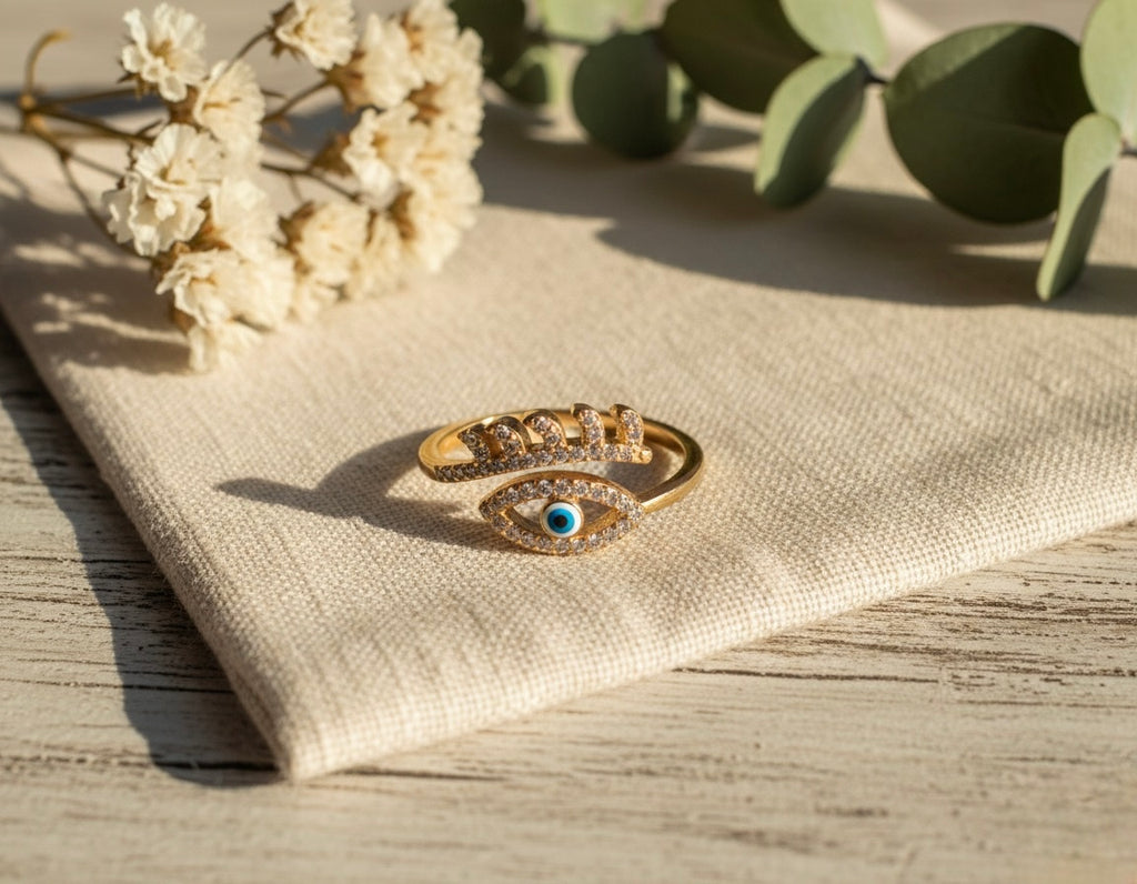 Evil Eye Protection Brass Ring – Crystal Enamel Open Band