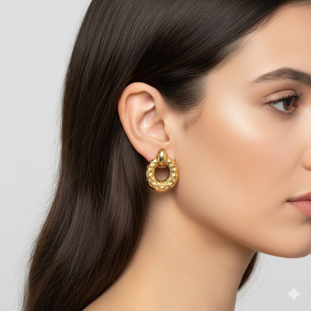 Golden Textured Loop Brass Earrings – Minimal Chic Statement Hoops
