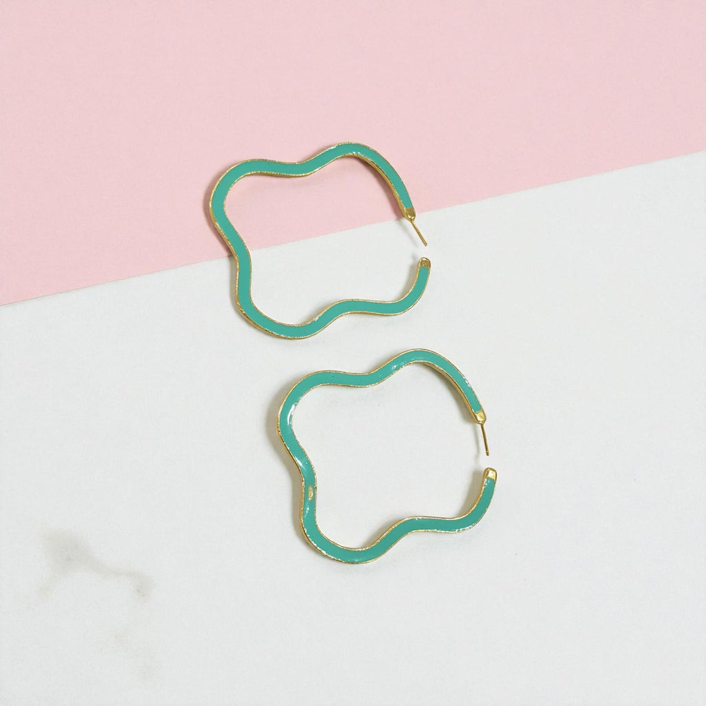 Aqua Wave Brass Hoops – Playful Wavy Enamel Earrings