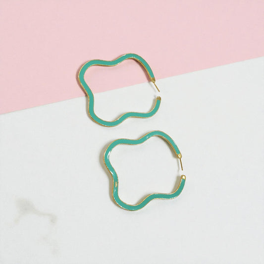 Aqua Wave Brass Hoops – Playful Wavy Enamel Earrings