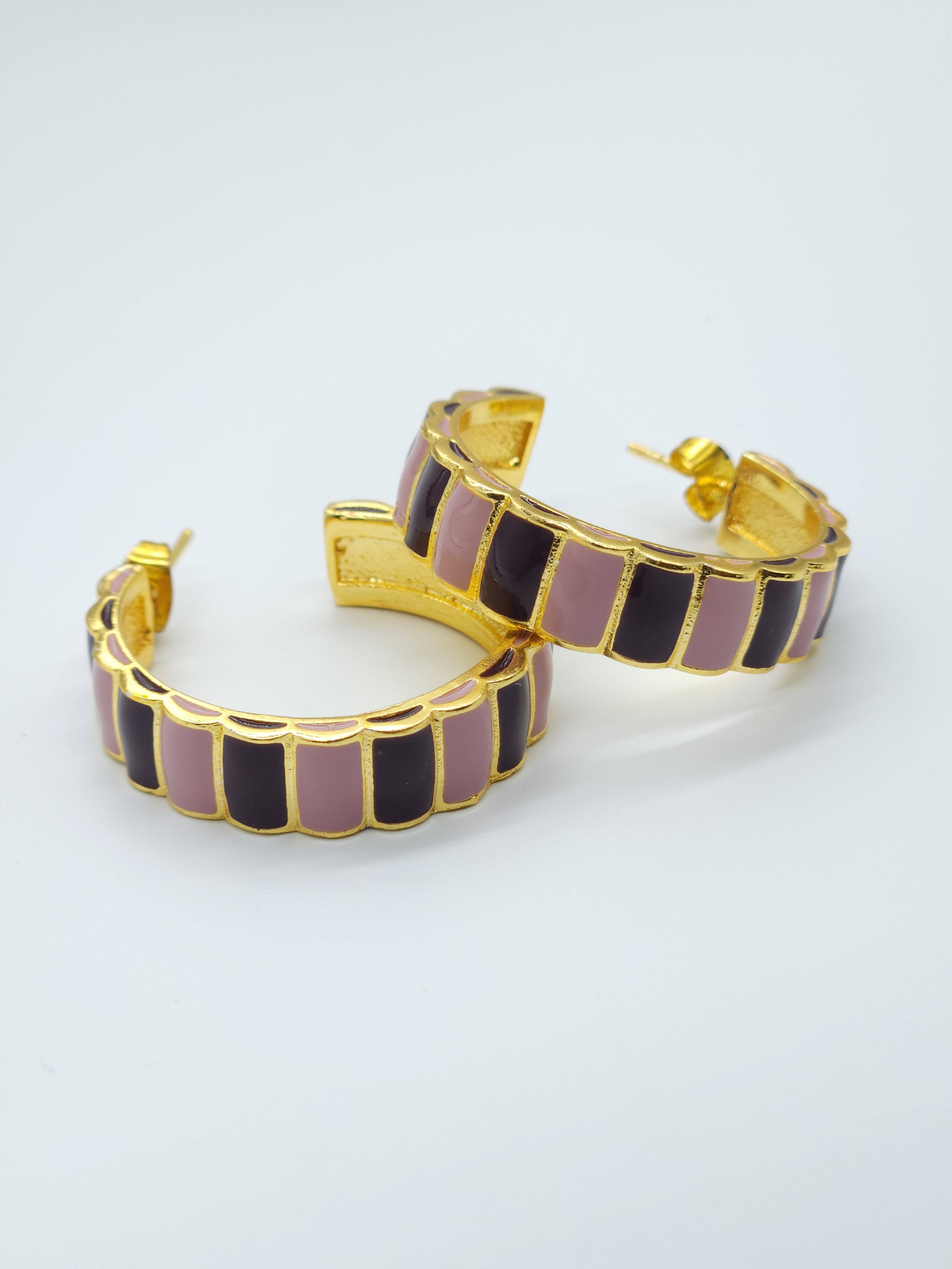 Blush & Plum Enamel Brass Hoops – Handcrafted Dual Tone Gold Earrings
