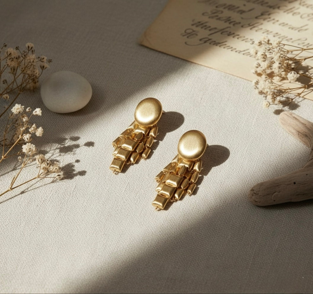Golden Mosaic Brass Drop Earrings – Artisanal Matte Finish Elegance
